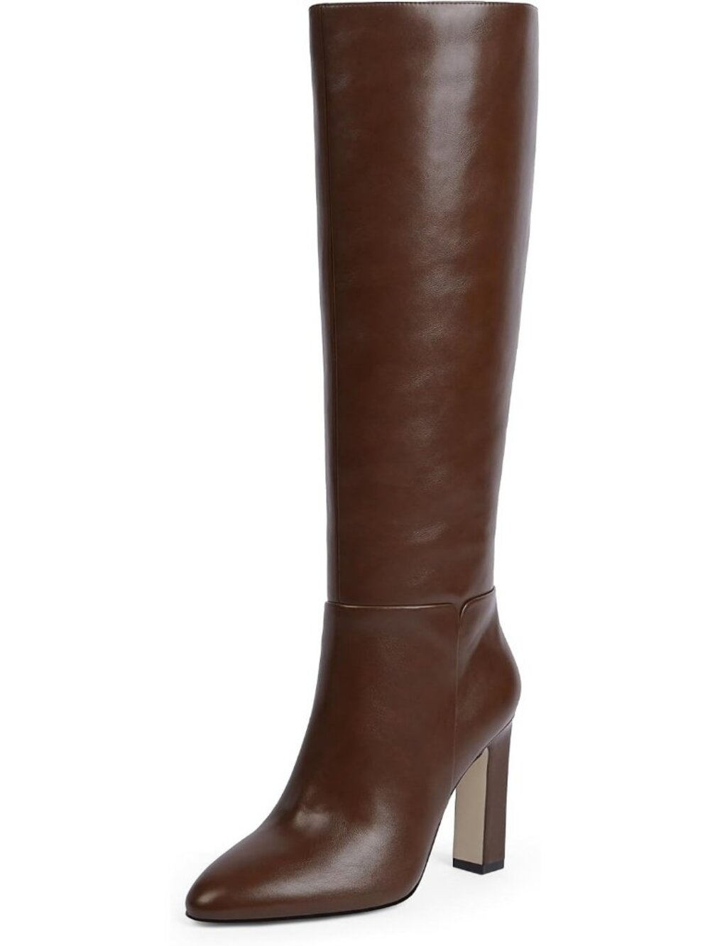 Women's Brown Faux Leather Comfortable Almond Toe Chunky Block High Heel Boot